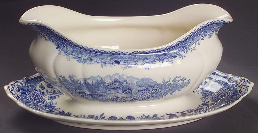 Burgenland Blue (Green Blue, Black Backstamp) Gravy Boat with Attached Underplate by Villeroy & Boch-1