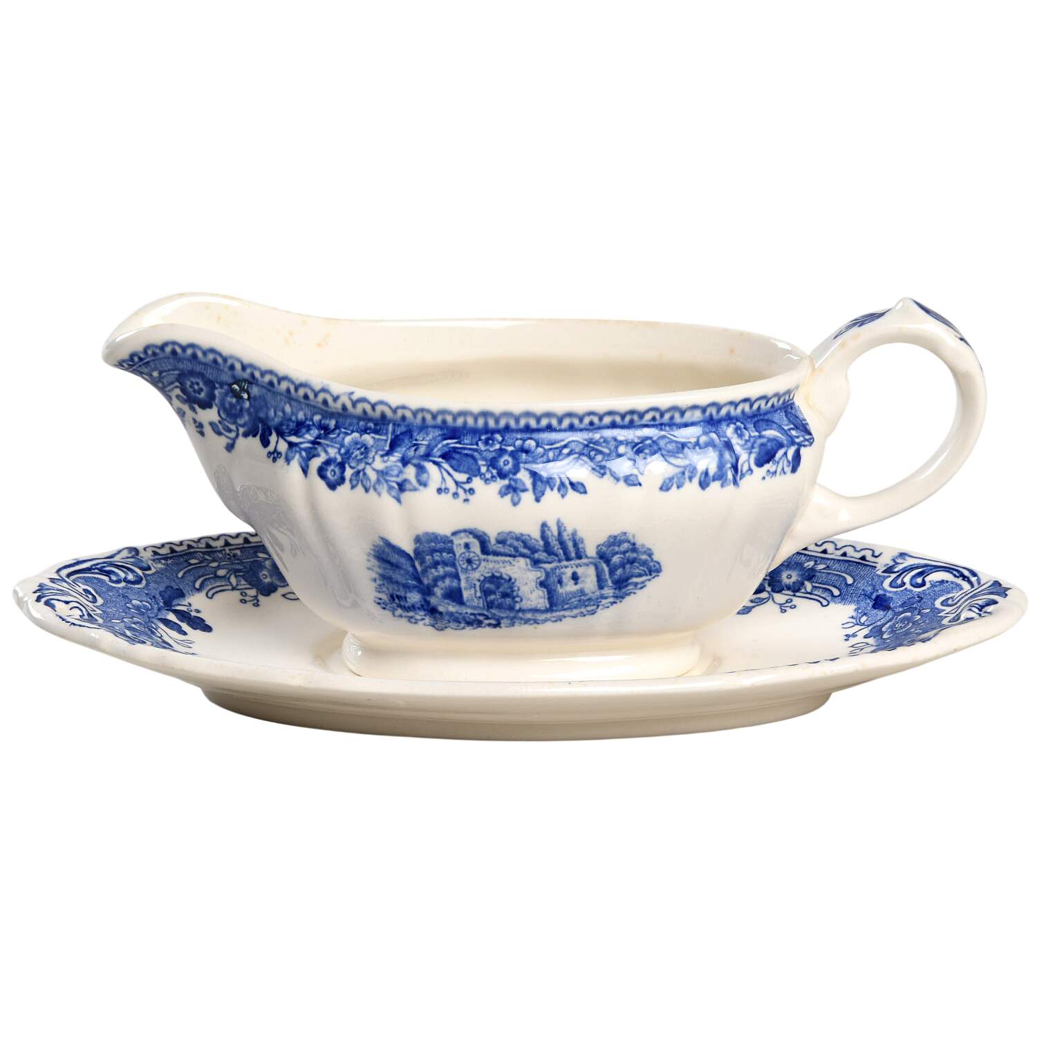 Burgenland Blue (Green Blue, Black Backstamp) Individual Gravy Boat & Plate by Villeroy & Boch-1