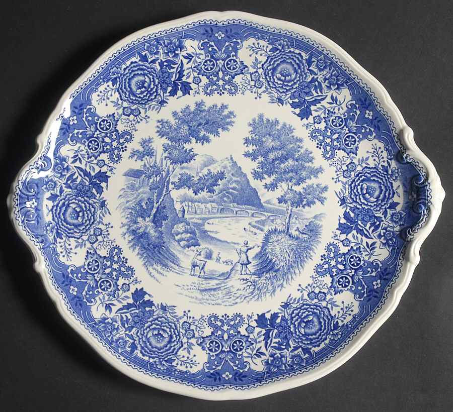 Burgenland Blue (Green Blue, Black Backstamp) Handled Cake Plate by Villeroy & Boch-1