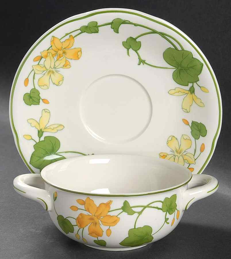 Geranium (Non Ribbed Rim) Flat Cream Soup Bowl & Saucer Set by Villeroy & Boch-1