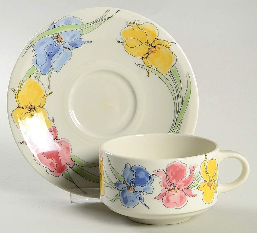 Iris Yellow Pink Blue Flat Cup & Saucer Set by Villeroy & Boch-1