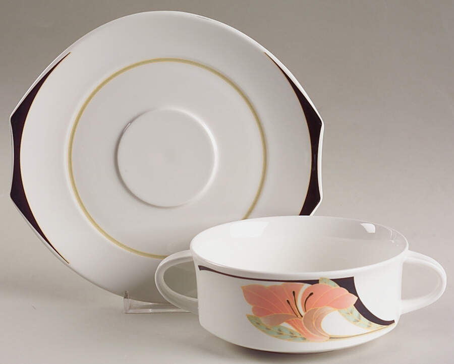 Iris Peach and Black Flat Cream Soup Bowl & Saucer Set by Villeroy & Boch-1