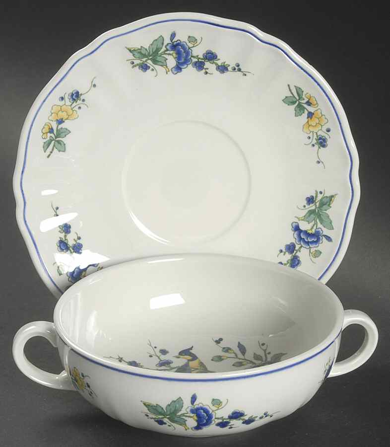 Phoenix Blau (No Paneled Rim) Flat Cream Soup Bowl & Saucer Set by Villeroy & Boch-1