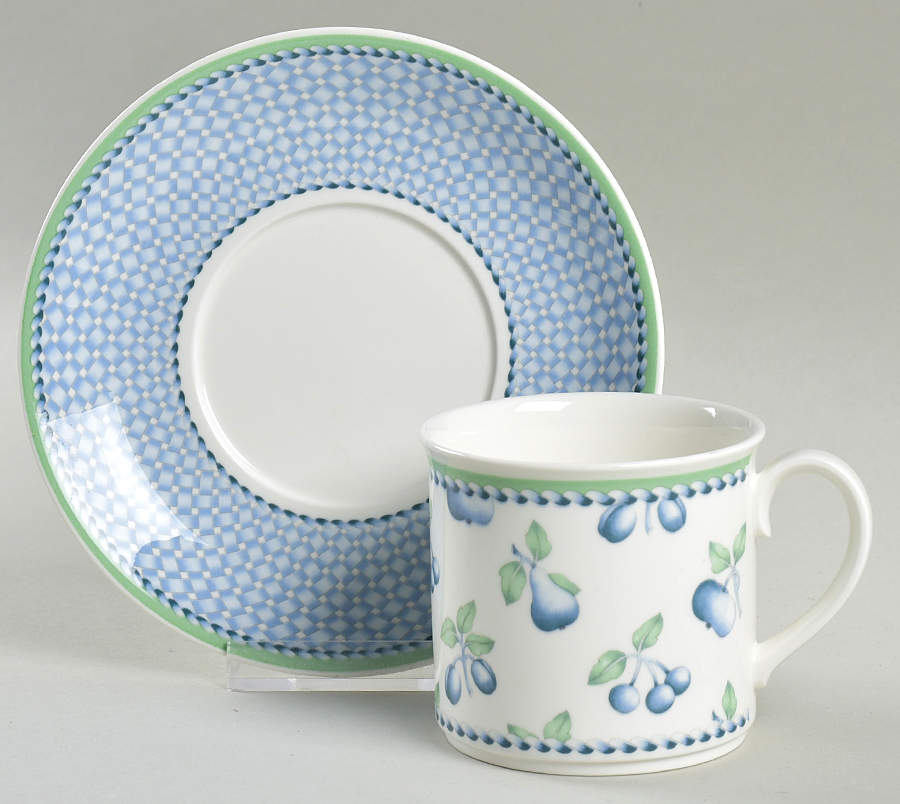 Provence (Blue Weave, Green Trim) Flat Cup & Saucer Set by Villeroy & Boch-1