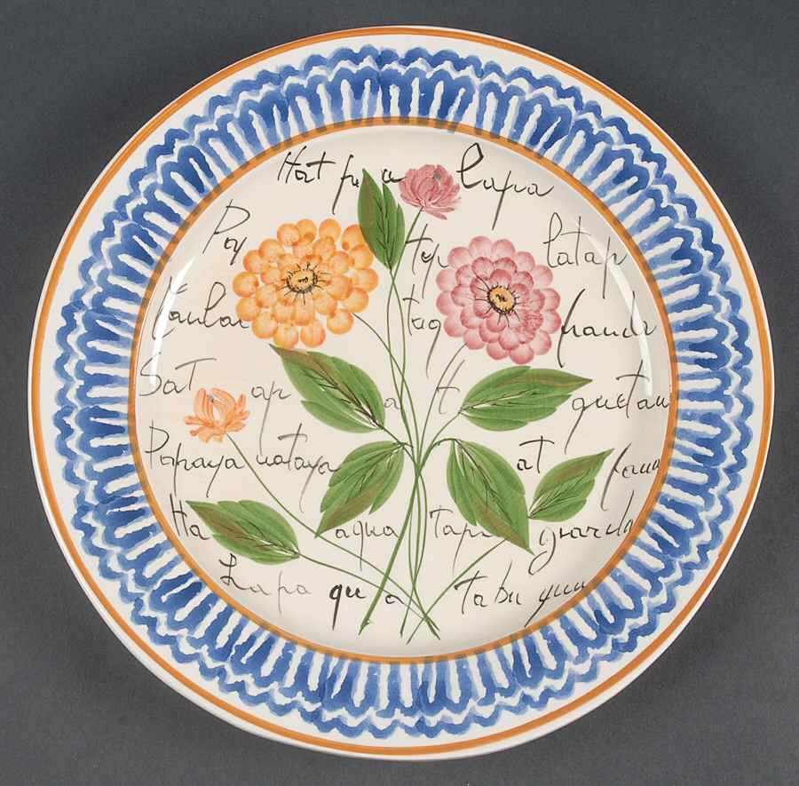 Flowers and Script Blue Luncheon Plate by Vietri (Italy)-1