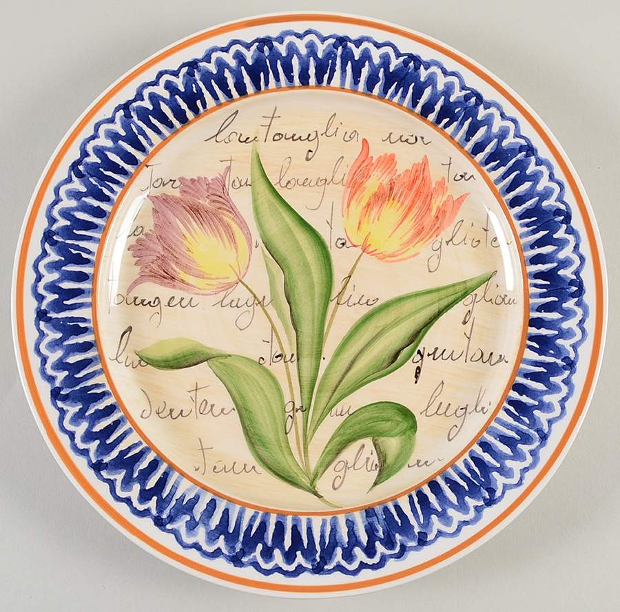 Flowers and Script Blue Luncheon Plate by Vietri (Italy)-1