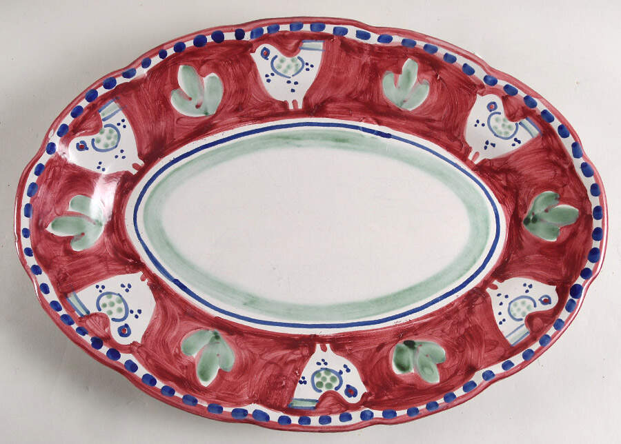 Campagna Chicken (Red Border, Blue Dots) 16" Oval Serving Platter by Ceramica Artistica (CAS Vietri)-1