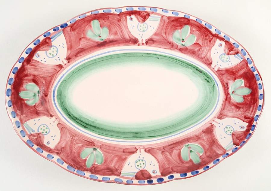 Campagna Chicken (Red Border, Blue Dots) 16" Oval Serving Platter by Ceramica Artistica (CAS Vietri)-1