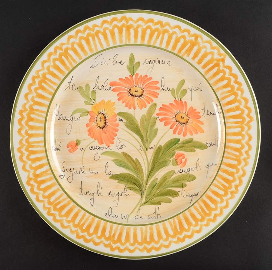 Flowers and Script Gold Luncheon Plate by Vietri (Italy)-1