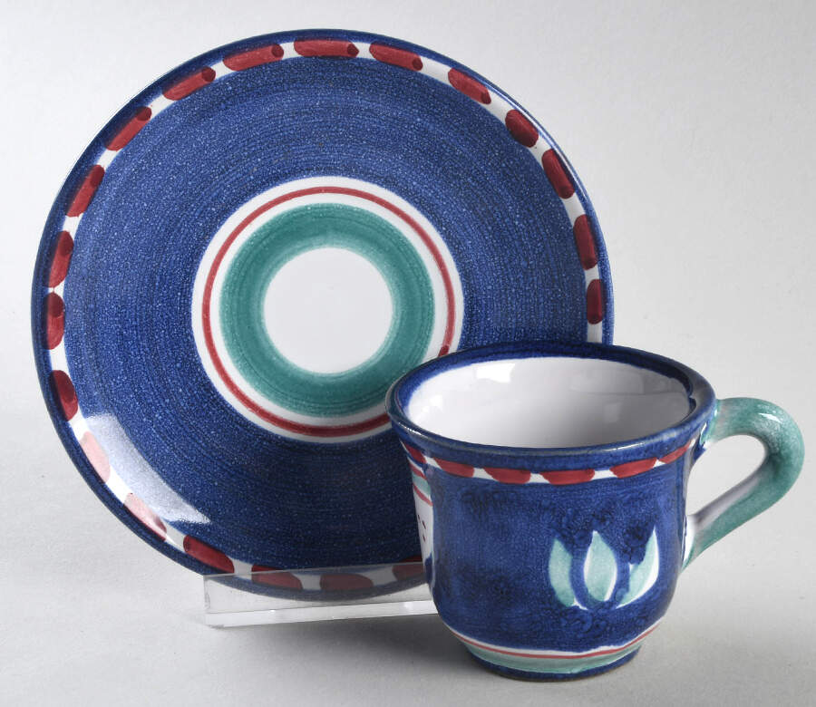 Campagna Chicken (Blue Border, Red Dots) Flat Demitasse Cup & Saucer Set by Vietri (Italy)-1
