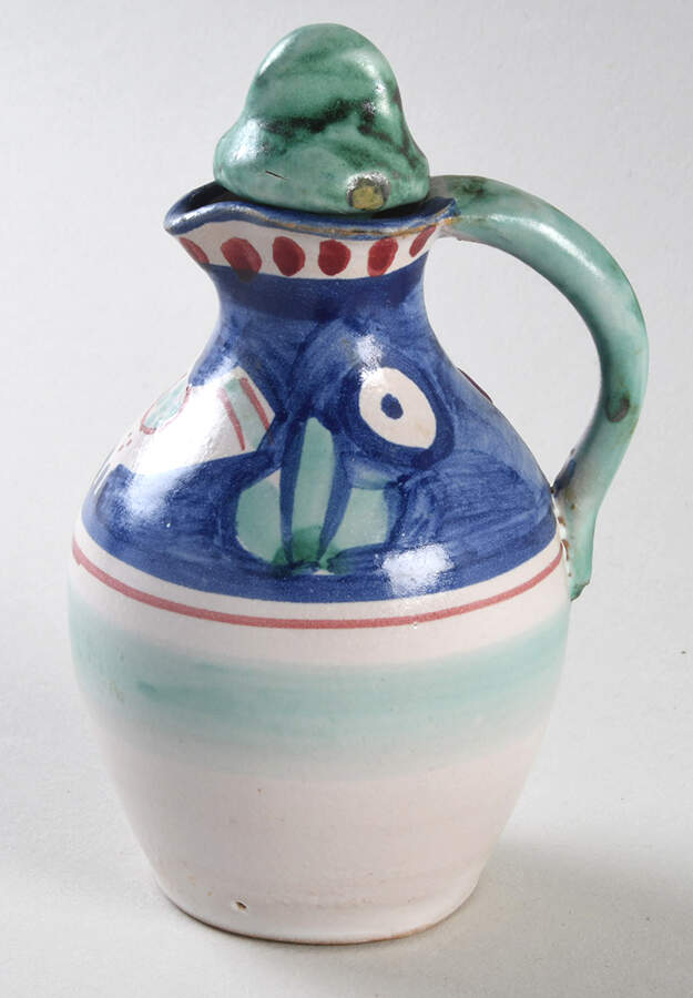 Campagna Chicken (Blue Border, Red Dots) Oil Or Vinegar Cruet and Stopper by Vietri (Italy)-1
