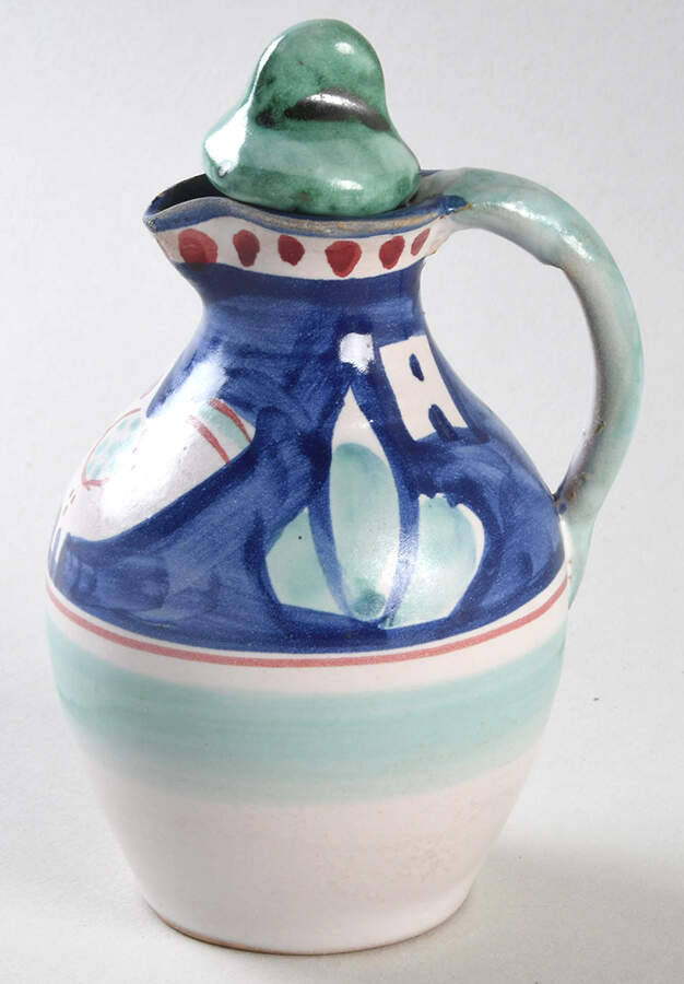 Campagna Chicken (Blue Border, Red Dots) Oil Or Vinegar Cruet and Stopper by Vietri (Italy)-1