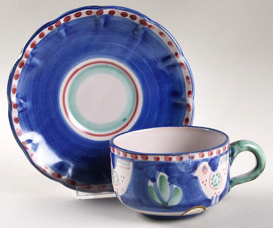 Campagna Chicken (Blue Border, Red Dots) Flat Cup & Saucer Set by Vietri (Italy)-1