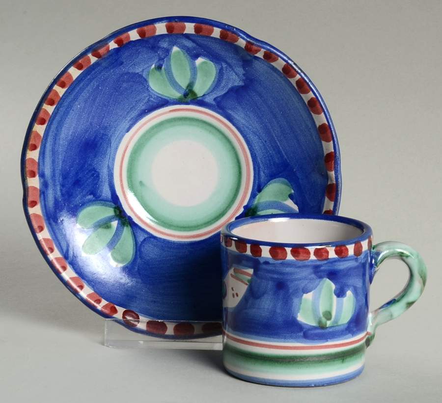 Campagna Chicken (Blue Border, Red Dots) Flat Demitasse Cup & Saucer Set by Vietri (Italy)-1