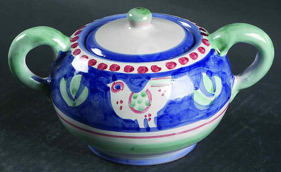 Campagna Chicken (Blue Border, Red Dots) Sugar Bowl & Lid by Vietri (Italy)-1