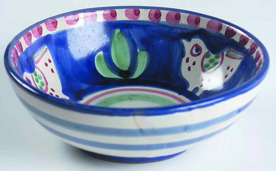 Campagna Chicken (Blue Border, Red Dots) Fruit/Dessert (Sauce) Bowl by Vietri (Italy)-1