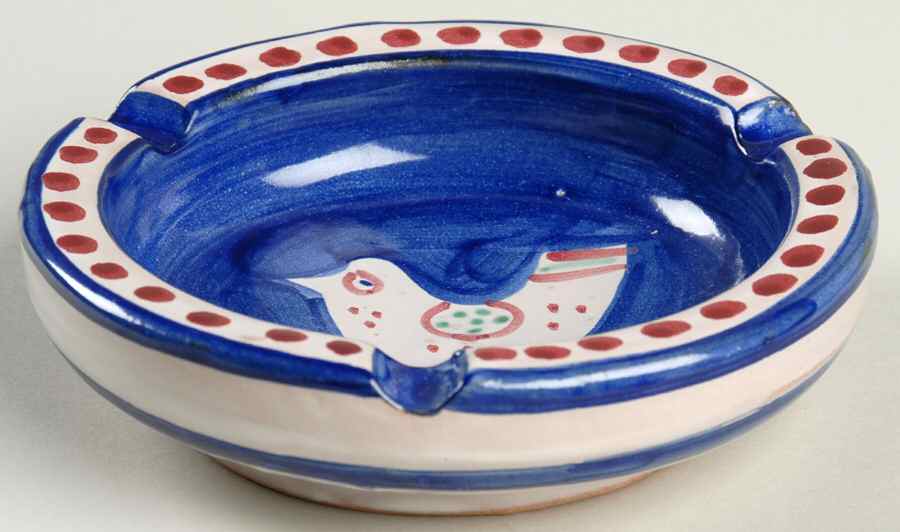 Campagna Chicken (Blue Border, Red Dots) 3 Slot Round Ashtray by Vietri (Italy)-1