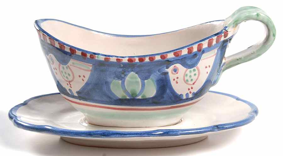 Campagna Chicken (Blue Border, Red Dots) Gravy Boat & Underplate by Vietri (Italy)-1