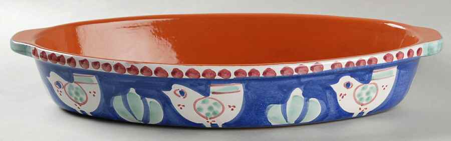 Campagna Chicken (Blue Border, Red Dots) 15" Oval Baker by Vietri (Italy)-1