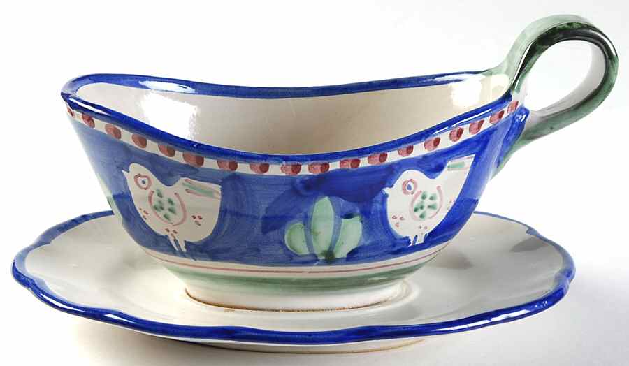 Campagna Chicken (Blue Border, Red Dots) Gravy Boat with Attached Underplate by Vietri (Italy)-1