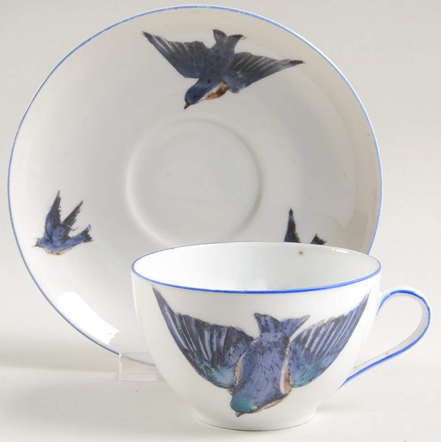 Blue Bird Flat Cup & Saucer Set by Victoria (Austria)-1
