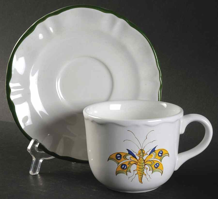 Vieux Provence Green Trim Flat Cup & Saucer Set by Varages-1