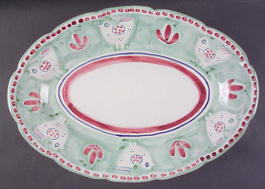 Campagna Chicken (Green Border, Pink Dots) 16" Oval Serving Platter by Ceramica Artistica (CAS Vietri)-1