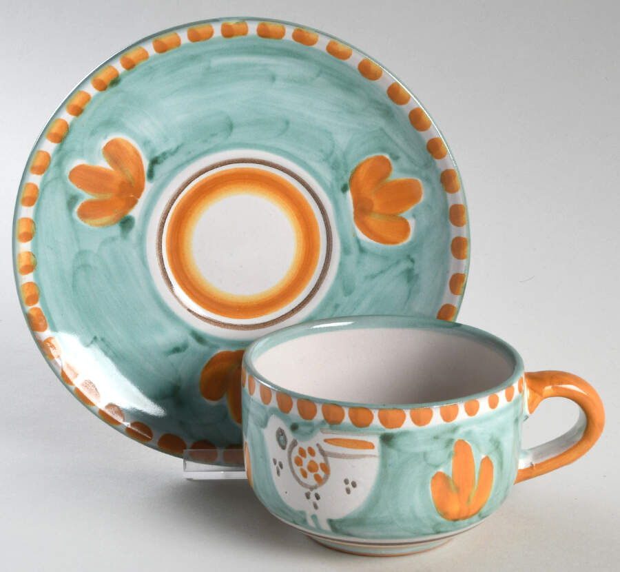 Campagna Chicken (Green, Orange Dots) Flat Cup & Saucer Set by Vietri (Italy)-1