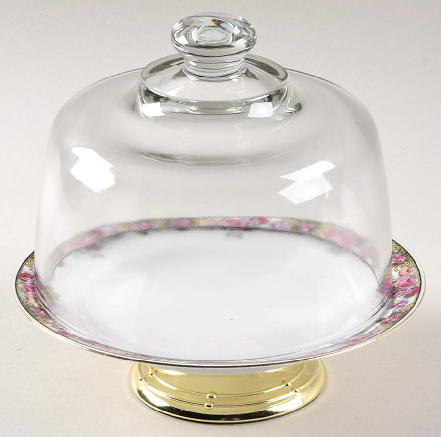 222 (Floral Edge) 6 1/2"-7 1/2" Footed Cheese Plate w/ Glass Dome HC by Victoria (Czech)-1