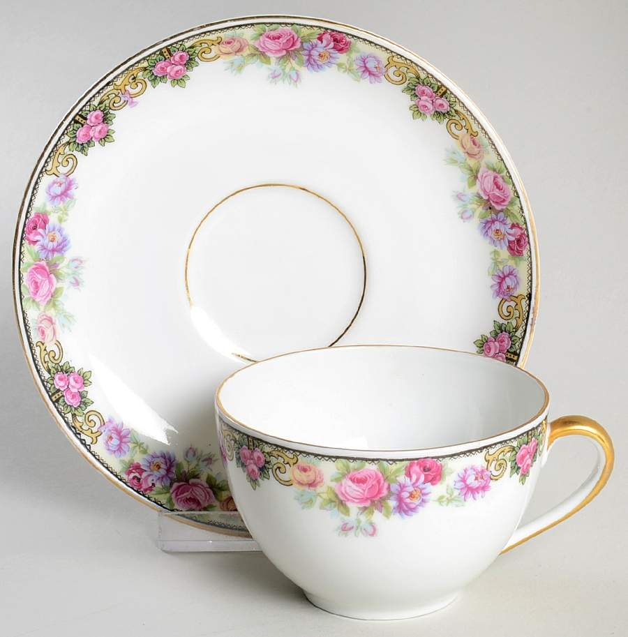 222 (Floral Edge) Flat Cup & Saucer Set by Victoria (Czech)-1