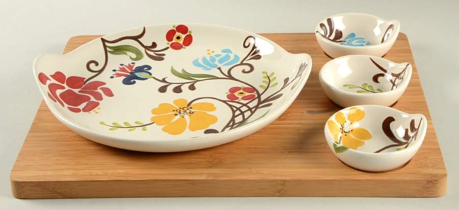 Jardine 5pc Entertaining Set(Platter,3 Dip Bowls&Wood Tray by Vida By Eva Mendes-1
