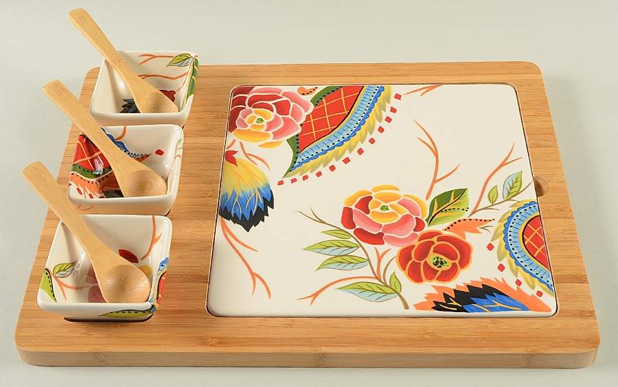 Rose Print 8 Pc Entertaining Set(3 Bowls & Spoons,Plate&Tray) by Vida By Eva Mendes-1