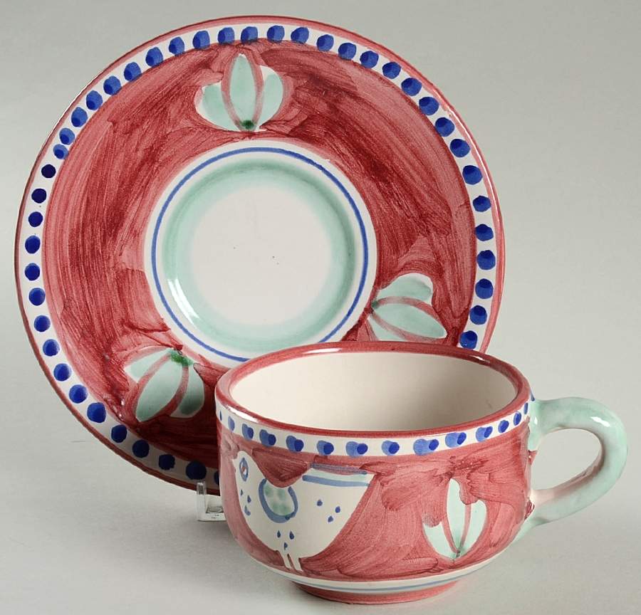 Campagna Chicken (Burgundy Border, Black Dots) Flat Cup & Saucer Set by Vietri (Italy)-1