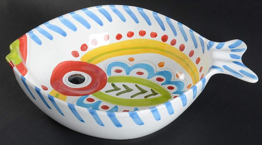 Fish Fish (Circles, Dots, Stripe Design Fish) 15" Large Salad Serving Bowl by Vietri (Italy)-1