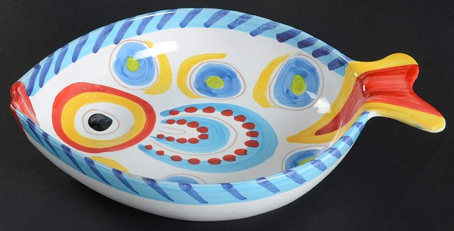 Fish Fish (Circles, Dots, Stripe Design Fish) 13" Large Salad Serving Bowl by Vietri (Italy)-1