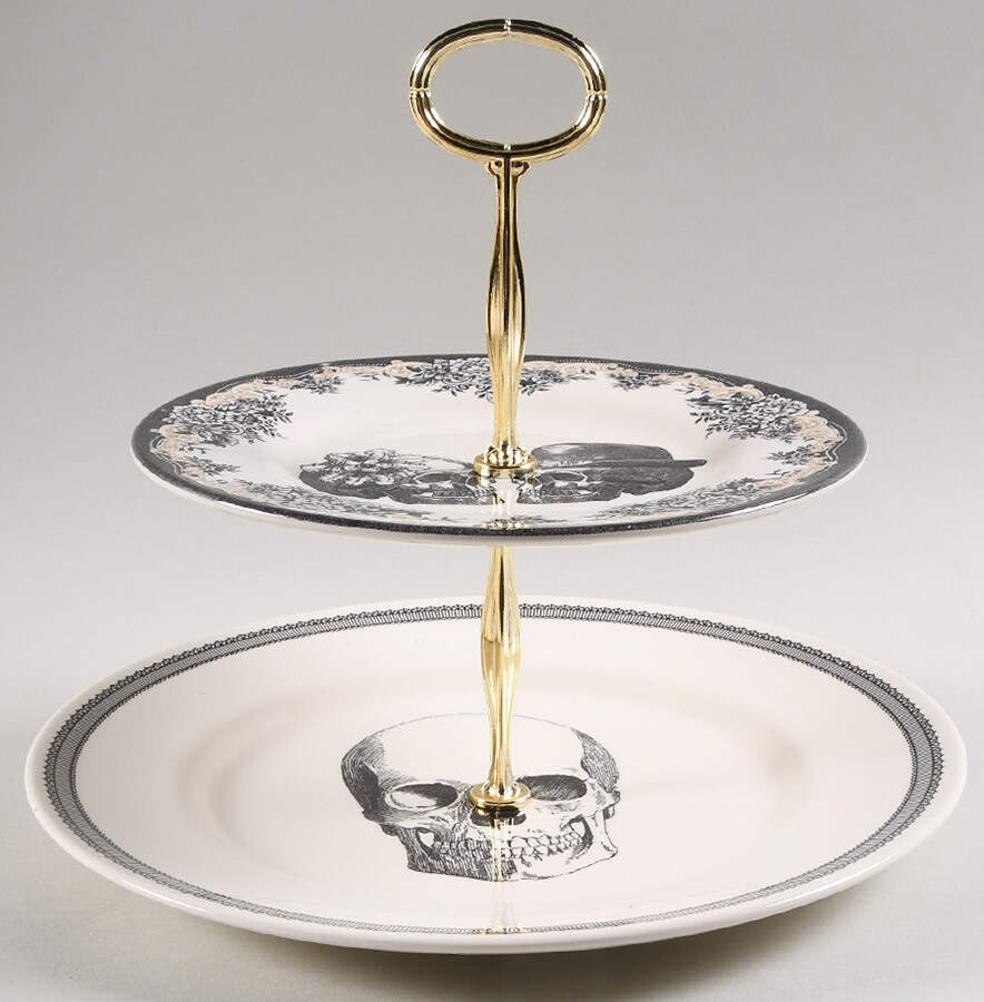 Skull 6 5/8"-10"  2 Tiered Serving Tray (Dp, Sp) HC by Victorian English Pottery-Royal Stafford-1