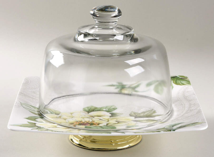 Quinsai Garden 6 1/2"-7 1/2" Footed Cheese Plate w/ Glass Dome HC by Villeroy & Boch-1