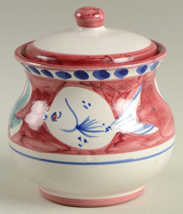 Pesce Red Sugar Bowl & Lid by Vietri (Italy)-1