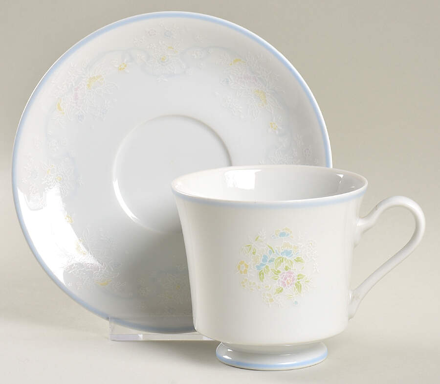 Bridal Bouquet Blue Trim Footed Cup & Saucer Set by Viletta-1