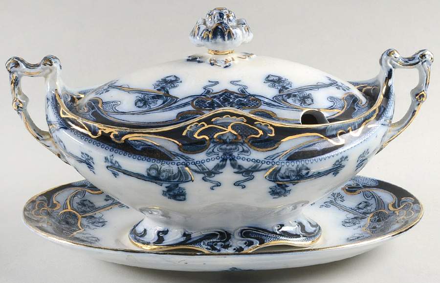 Iris Blue (Flow Blue) Sauce Boat & Lid with Underplate by Arthur J Wilkinson-1