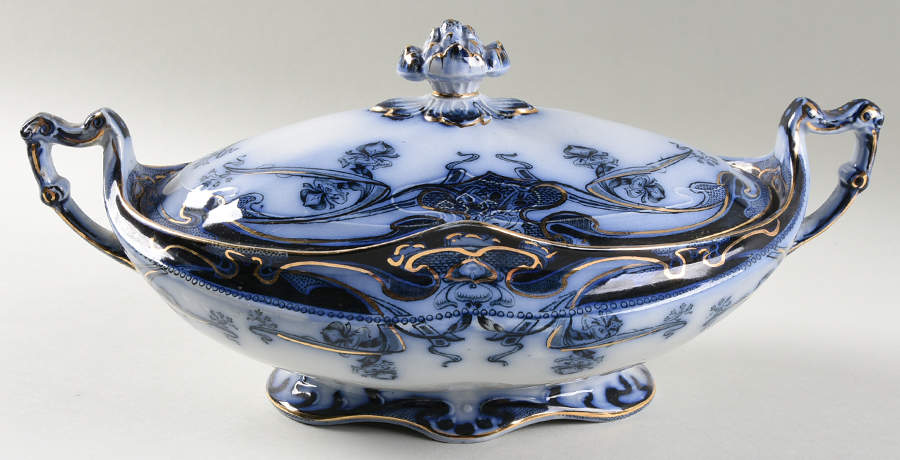 Iris Blue (Flow Blue) Oval Covered Vegetable by Arthur J Wilkinson-1