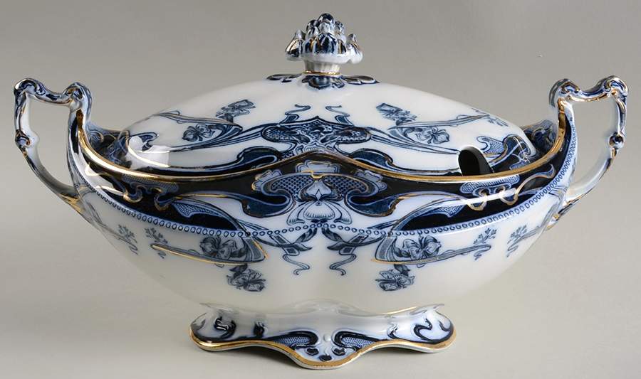Iris Blue (Flow Blue) Oval Tureen & Lid by Arthur J Wilkinson-1