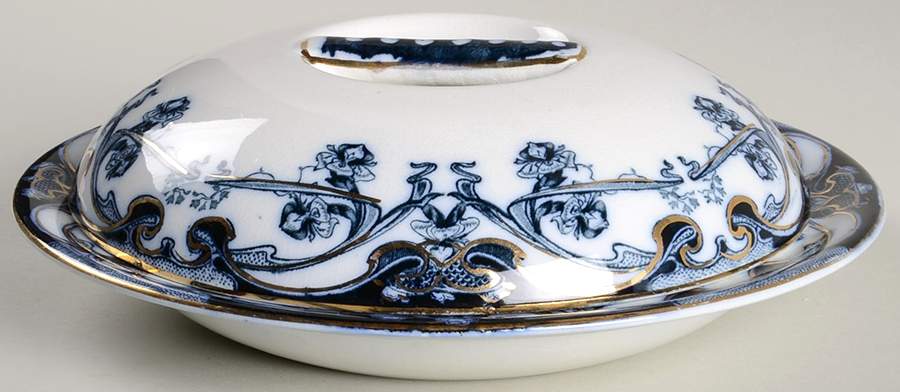 Iris Blue (Flow Blue) Pancake Dish & Lid by Arthur J Wilkinson-1