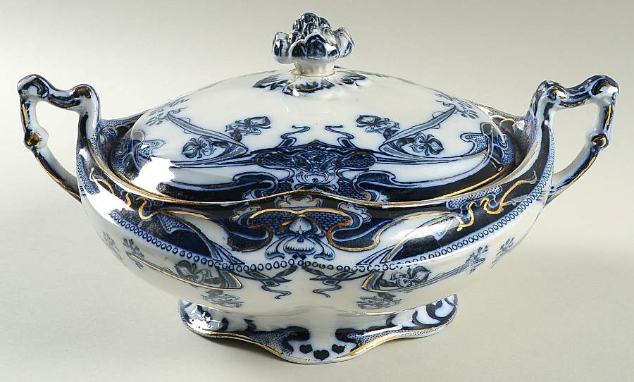 Iris Blue (Flow Blue) Oval Covered Vegetable by Arthur J Wilkinson-1