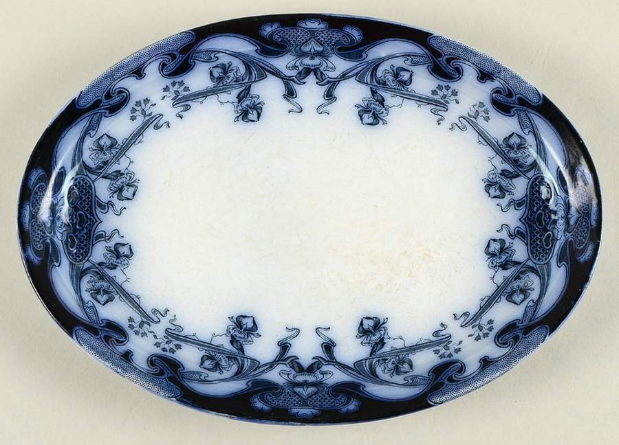 Iris Blue (Flow Blue) 10" Oval Serving Platter by Arthur J Wilkinson-1