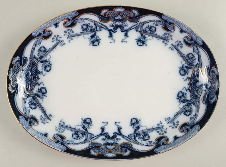 Iris Blue (Flow Blue) 12" Oval Serving Platter by Arthur J Wilkinson-1