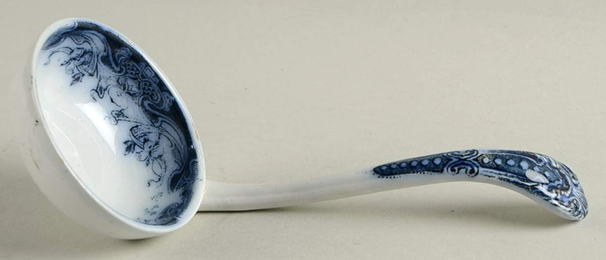 Iris Blue (Flow Blue) Gravy Ladle Solid Piece by Arthur J Wilkinson-1