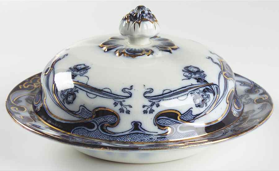 Iris Blue (Flow Blue) Round Covered Butter by Arthur J Wilkinson-1