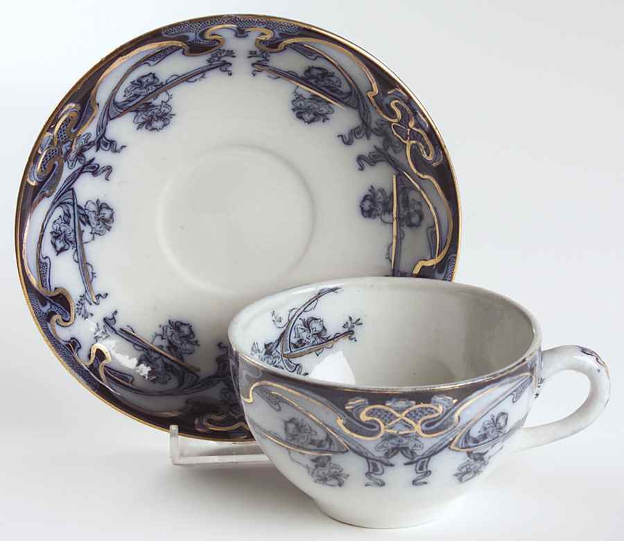 Iris Blue (Flow Blue) Flat Cup & Saucer Set by Arthur J Wilkinson-1