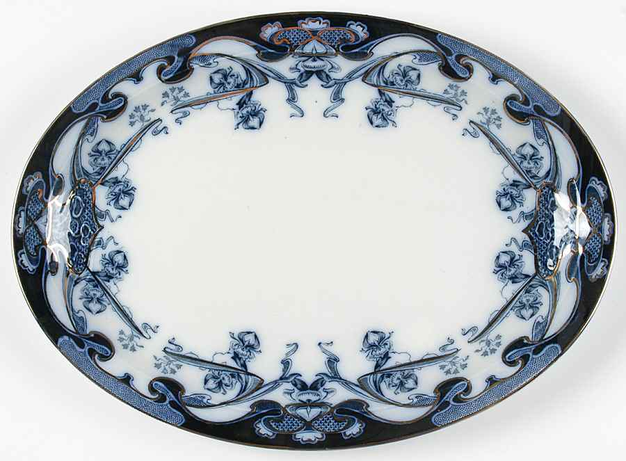 Iris Blue (Flow Blue) 14" Oval Serving Platter by Arthur J Wilkinson-1